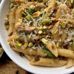 Pasta with Pistachios, Asparagus and Chicken in Cream Sauce