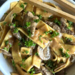 beef stroganoff over egg noodles